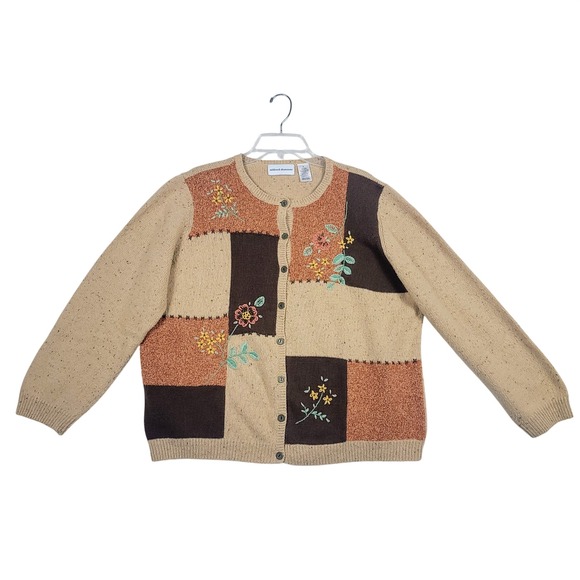 Alfred Dunner Sweaters - Cottagecore Patchwork Cardigan Embroidered Floral Beaded Boho Knit Sweater XL